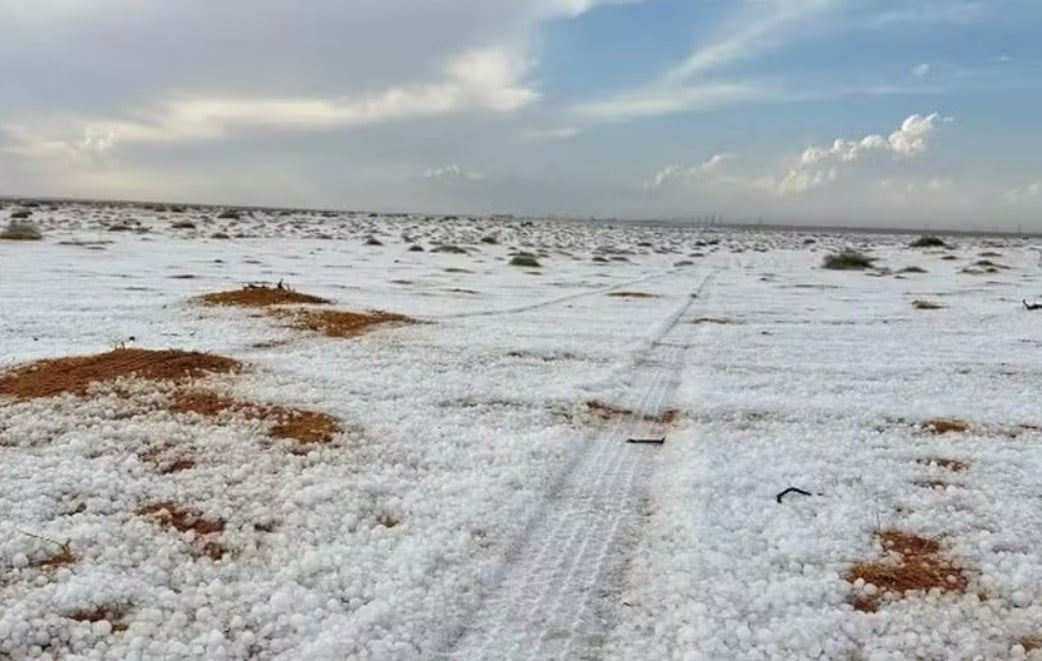 As dunas da cidade de Al-Jawf, no deserto de Al-Nafud, na Arábia Saudita, foram tomadas por neve em novembro de 2024 causando perplexidade.